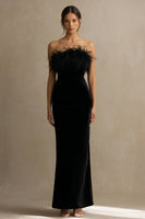 Load image into Gallery viewer, Black Strapless Long Velvet Holiday Party Dress with Feathers