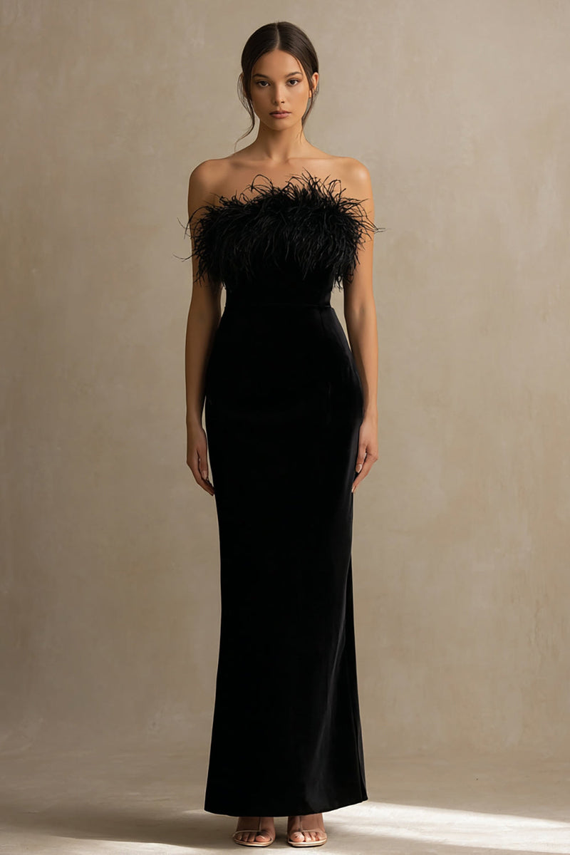 Load image into Gallery viewer, Black Strapless Long Velvet Holiday Party Dress with Feathers