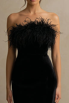 Black Strapless Long Velvet Holiday Party Dress with Feathers