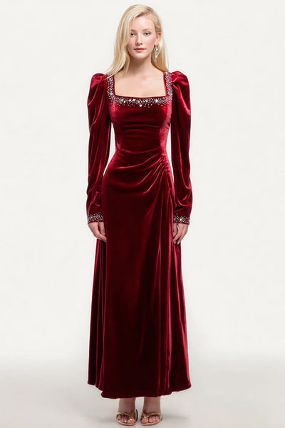 Sparkly Burgundy Velvet Beaded Square Neck Long Holiday Party Dress