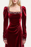 Load image into Gallery viewer, Sparkly Burgundy Velvet Beaded Square Neck Long Holiday Party Dress