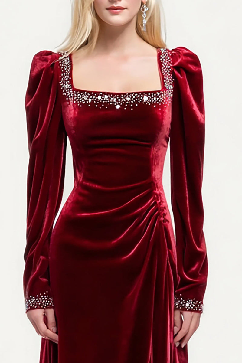 Load image into Gallery viewer, Sparkly Burgundy Velvet Beaded Square Neck Long Holiday Party Dress