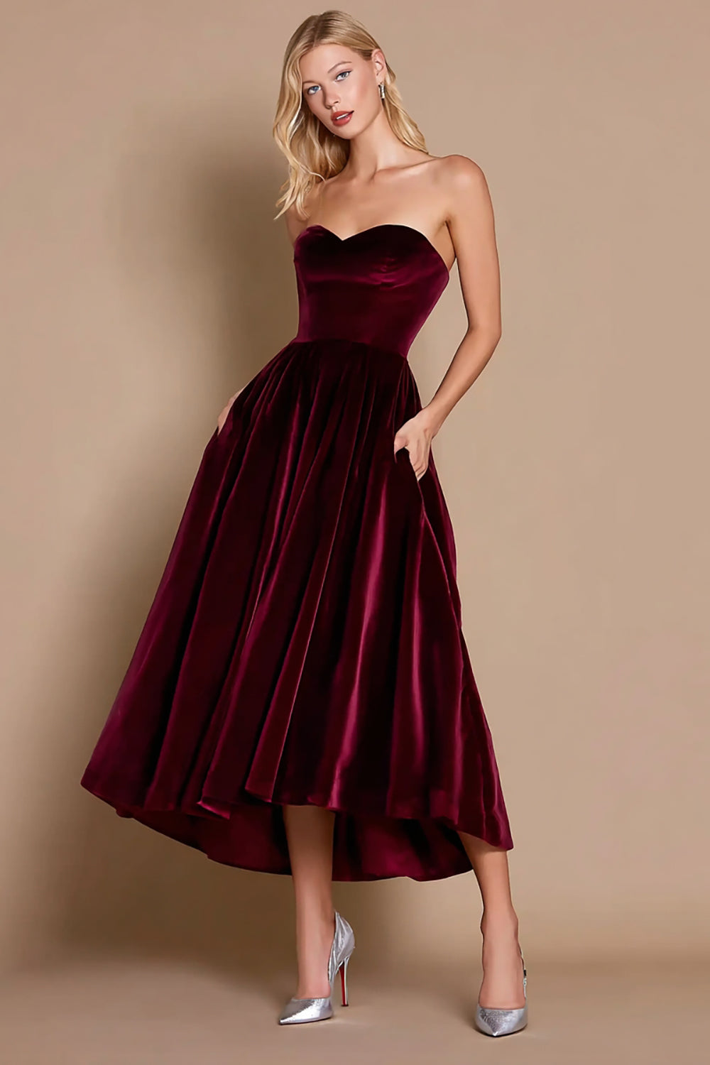 Burgundy Velvet A-Line Midi Holiday Party Dress