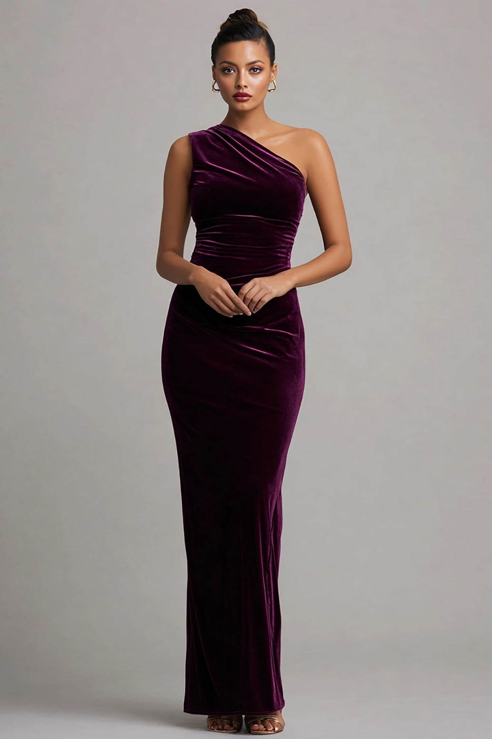 Plum Velvet Ruched Long Mermaid Holiday Party Dress