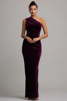 Load image into Gallery viewer, Plum Velvet Ruched Long Mermaid Holiday Party Dress