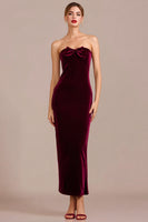Load image into Gallery viewer, Burgundy Mermaid Velvet Long Holiday Party Dress with Bow