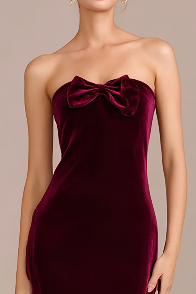Load image into Gallery viewer, Burgundy Mermaid Velvet Long Holiday Party Dress with Bow