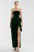 Load image into Gallery viewer, Pine Velvet Strapless Long Holiday Party Dress with Slit