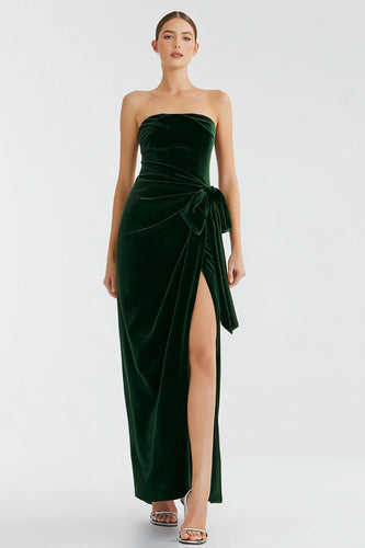 Pine Velvet Strapless Long Holiday Party Dress with Slit
