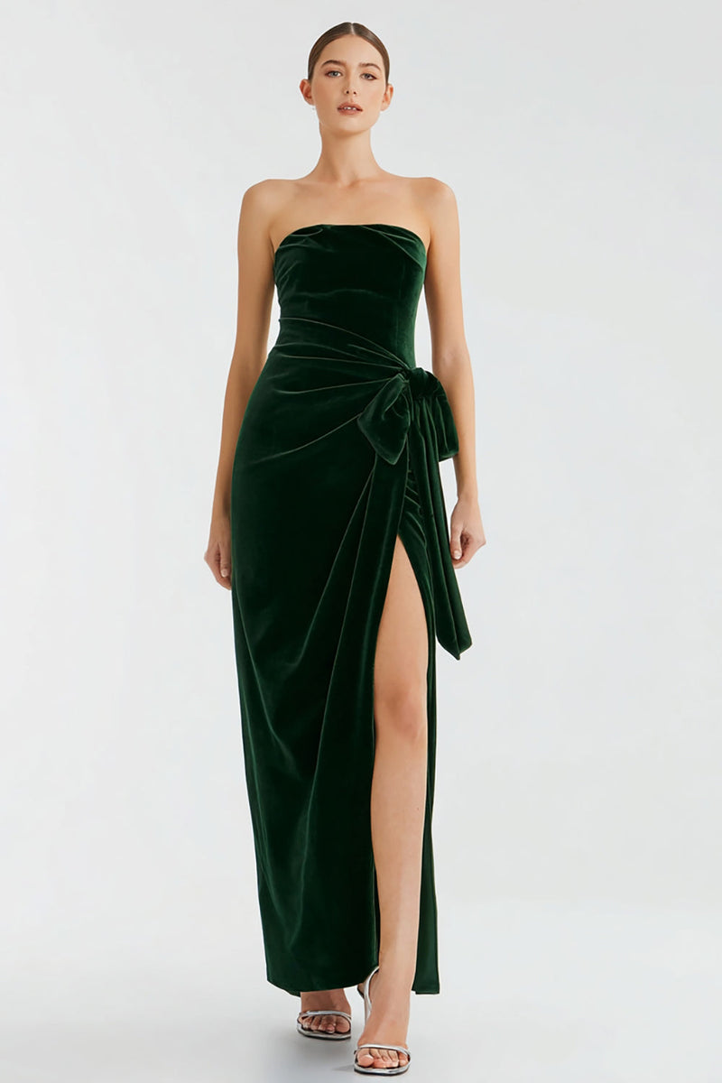 Load image into Gallery viewer, Pine Velvet Strapless Long Holiday Party Dress with Slit