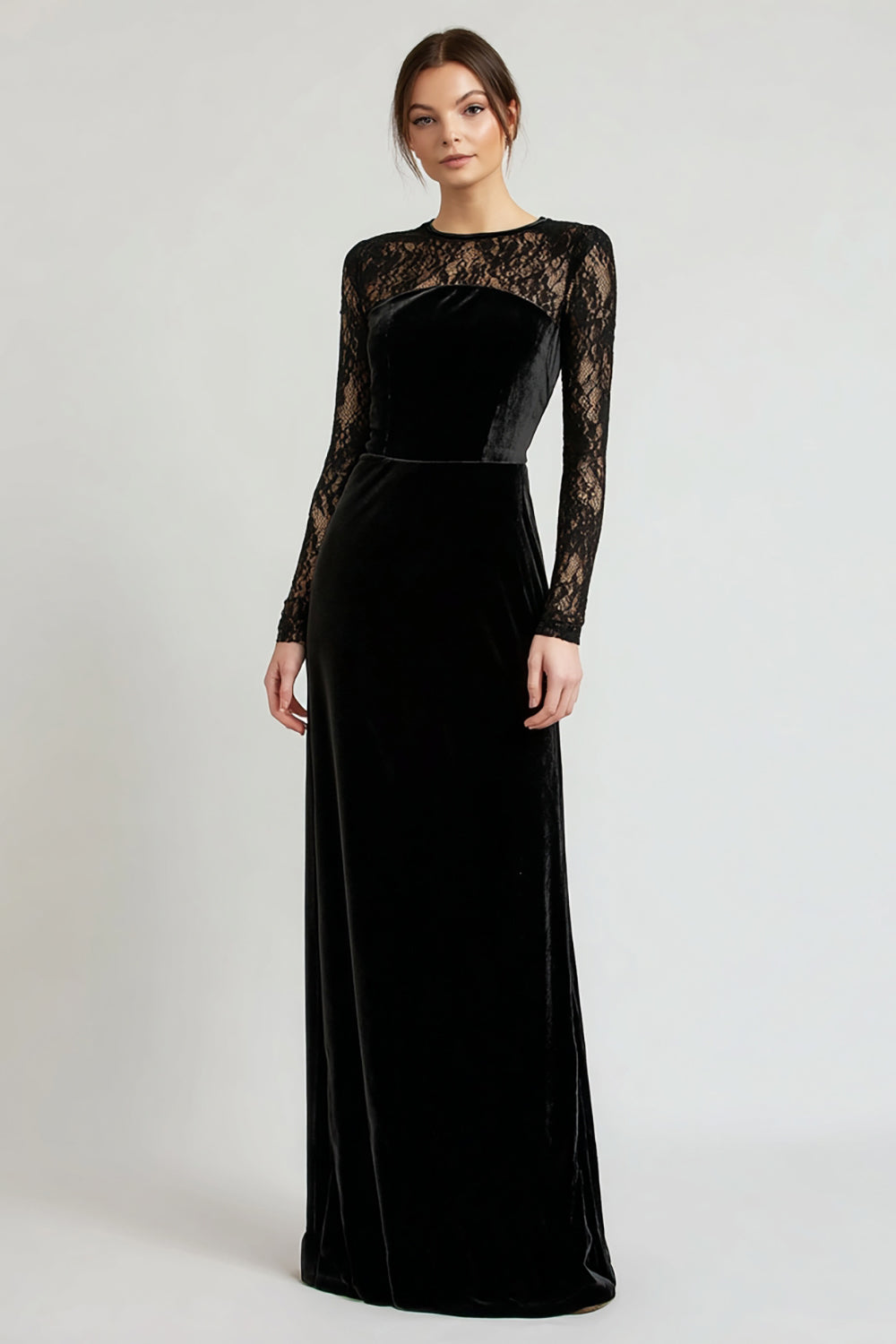Black Velvet Long Sheath Holiday Party Dress with Lace