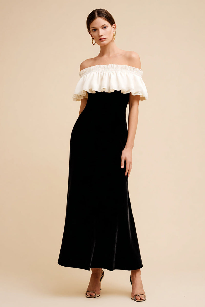 Load image into Gallery viewer, Black and White Ruffled Long Velvet Holiday Party Dress