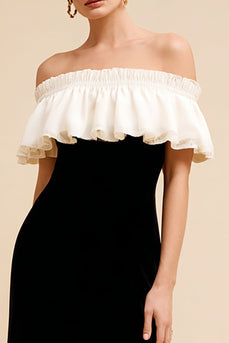 Black and White Ruffled Long Velvet Holiday Party Dress