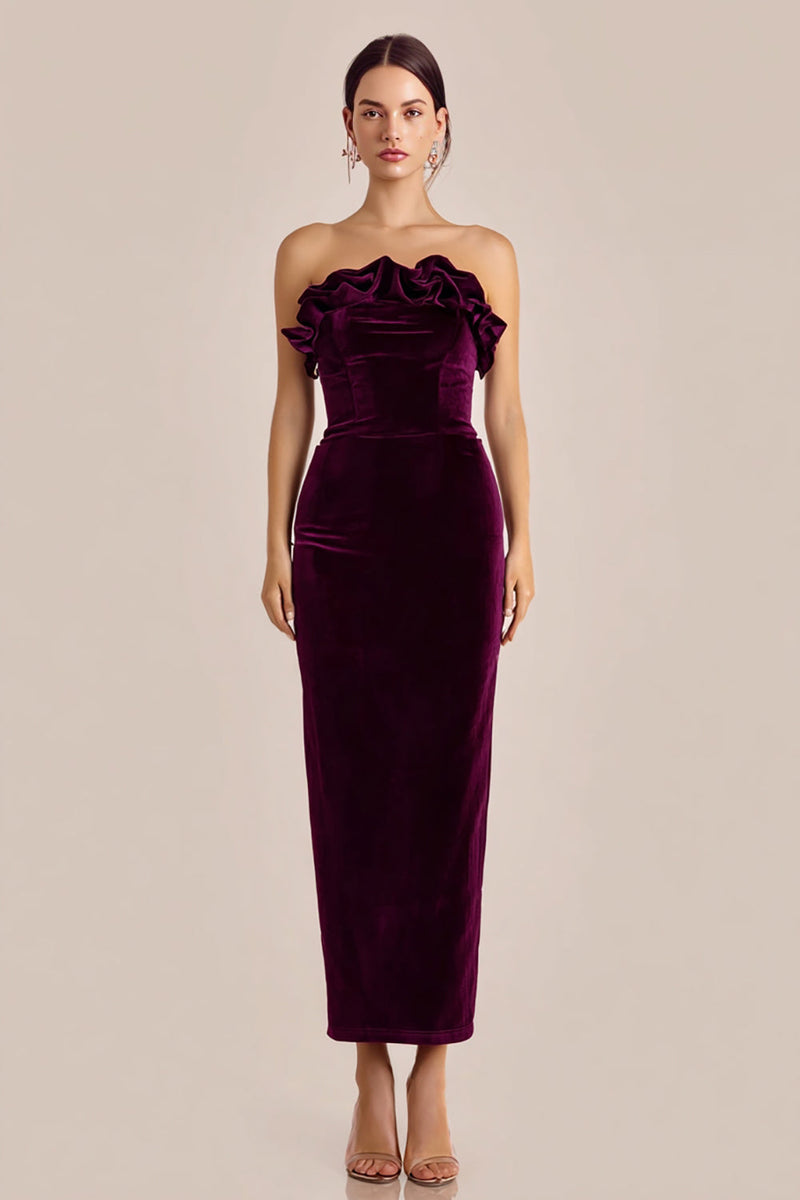 Load image into Gallery viewer, Plum Ruffled Long Velvet Holiday Party Dress