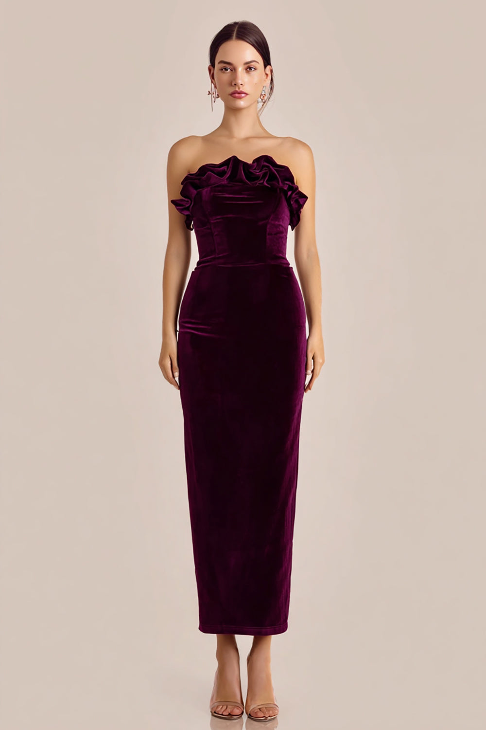 Plum Ruffled Long Velvet Holiday Party Dress