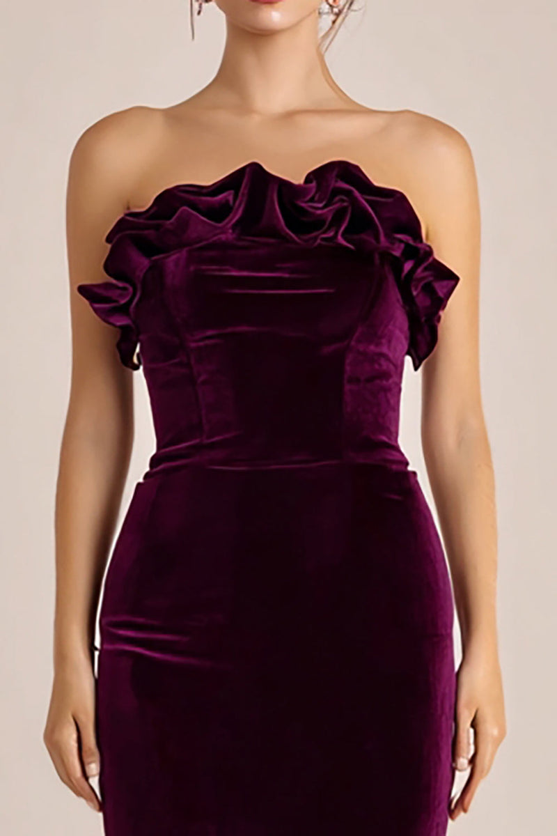 Load image into Gallery viewer, Plum Ruffled Long Velvet Holiday Party Dress
