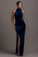 Load image into Gallery viewer, Dark Navy Velvet Long Sheath Holiday Party Dress with Slit