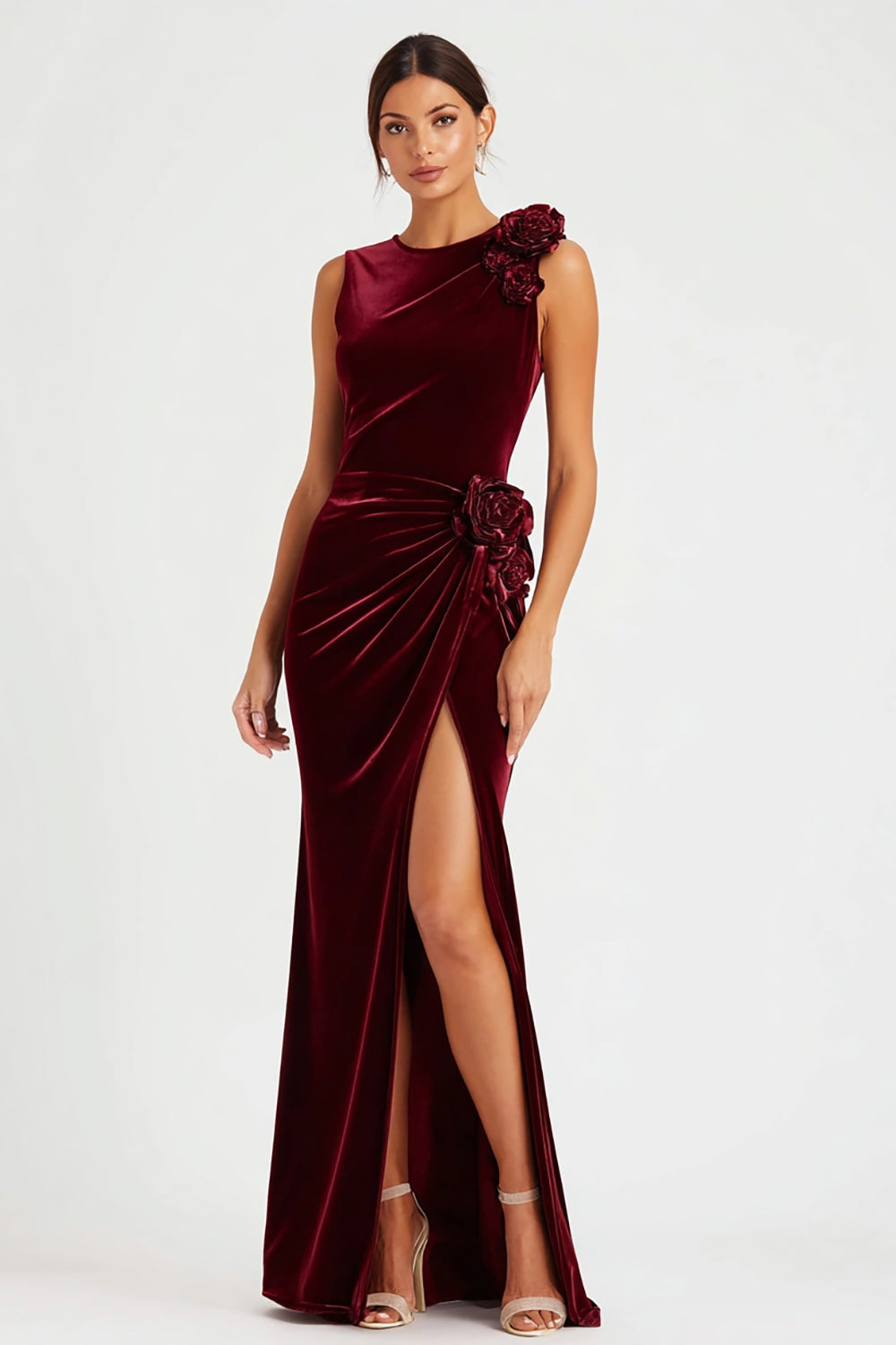 Burgundy Velvet Long Holiday Party Dress with Slit