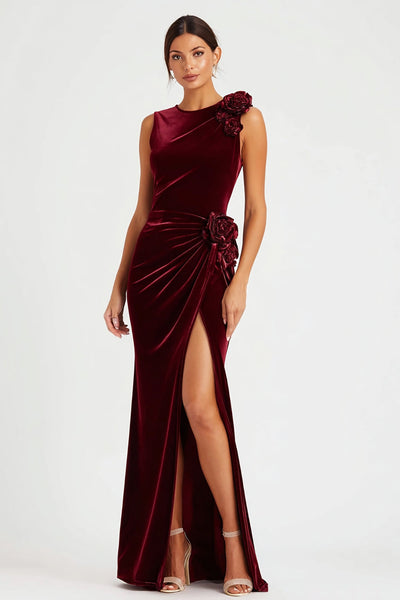 Burgundy Velvet Long Holiday Party Dress with Slit