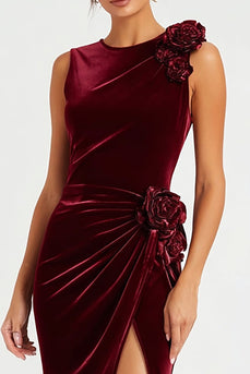 Burgundy Velvet Long Holiday Party Dress with Slit