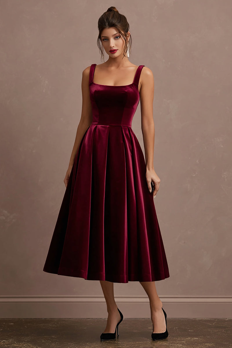 Load image into Gallery viewer, Burgundy Velvet Thick Straps Midi Holiday Party Dress