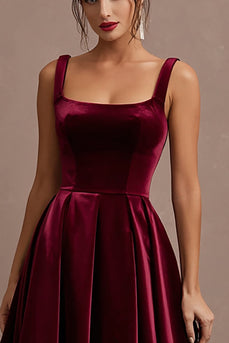 Burgundy Velvet Thick Straps Midi Holiday Party Dress