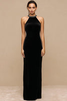 Load image into Gallery viewer, Sparkly Black Long Velvet Holiday Party Dress with Beading