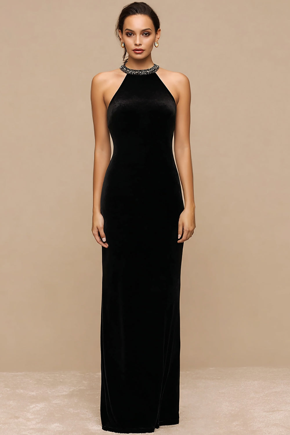 Sparkly Black Long Velvet Holiday Party Dress with Beading