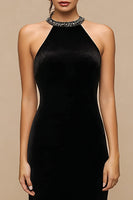 Load image into Gallery viewer, Sparkly Black Long Velvet Holiday Party Dress with Beading