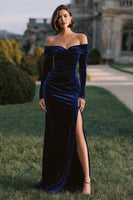 Load image into Gallery viewer, Navy Velvet Off the Shoulder Long Holiday Party Dress with Slit