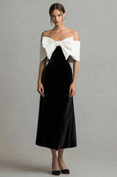 Load image into Gallery viewer, Black and White Long Velvet Holiday Party Dress with Bow