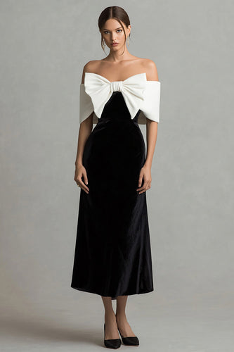 Black and White Long Velvet Holiday Party Dress with Bow