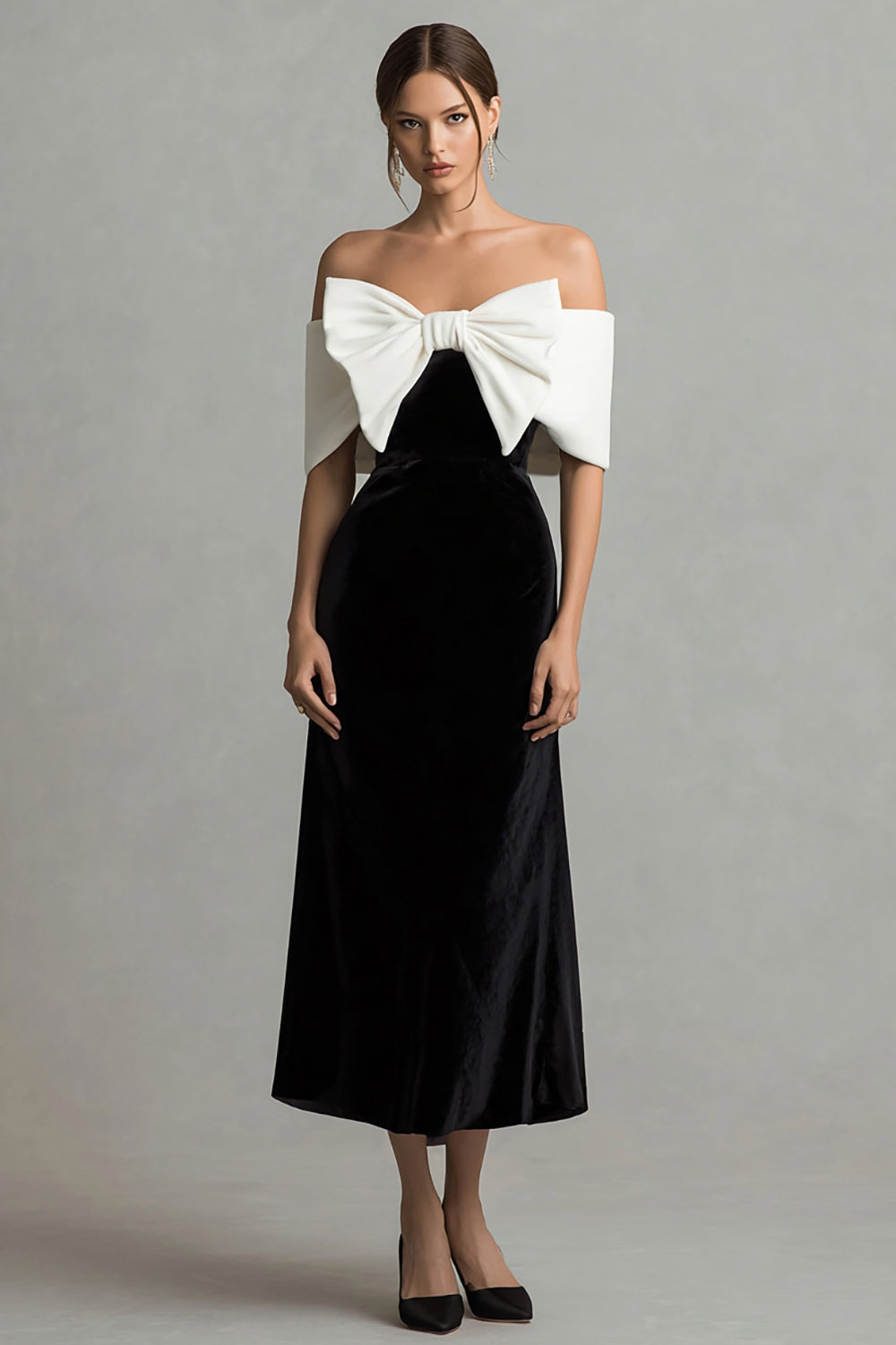 Black and White Long Velvet Holiday Party Dress with Bow