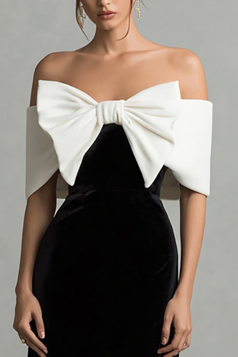 Load image into Gallery viewer, Black and White Long Velvet Holiday Party Dress with Bow