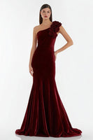 Load image into Gallery viewer, Burgundy Long Velvet Holiday Party Dress with 3D Flowers