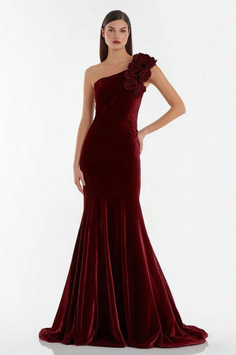 Burgundy Long Velvet Holiday Party Dress with 3D Flowers