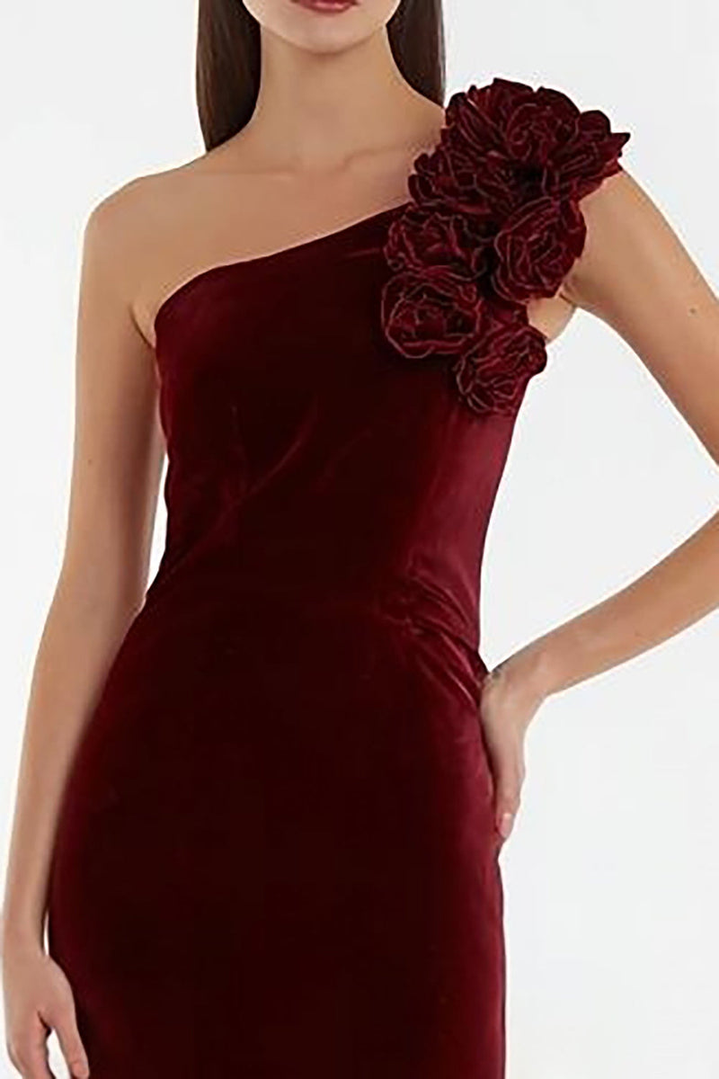 Load image into Gallery viewer, Burgundy Long Velvet Holiday Party Dress with 3D Flowers