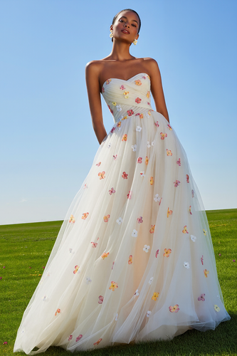 White Floral Tulle A Line Strapless Long Prom Dress