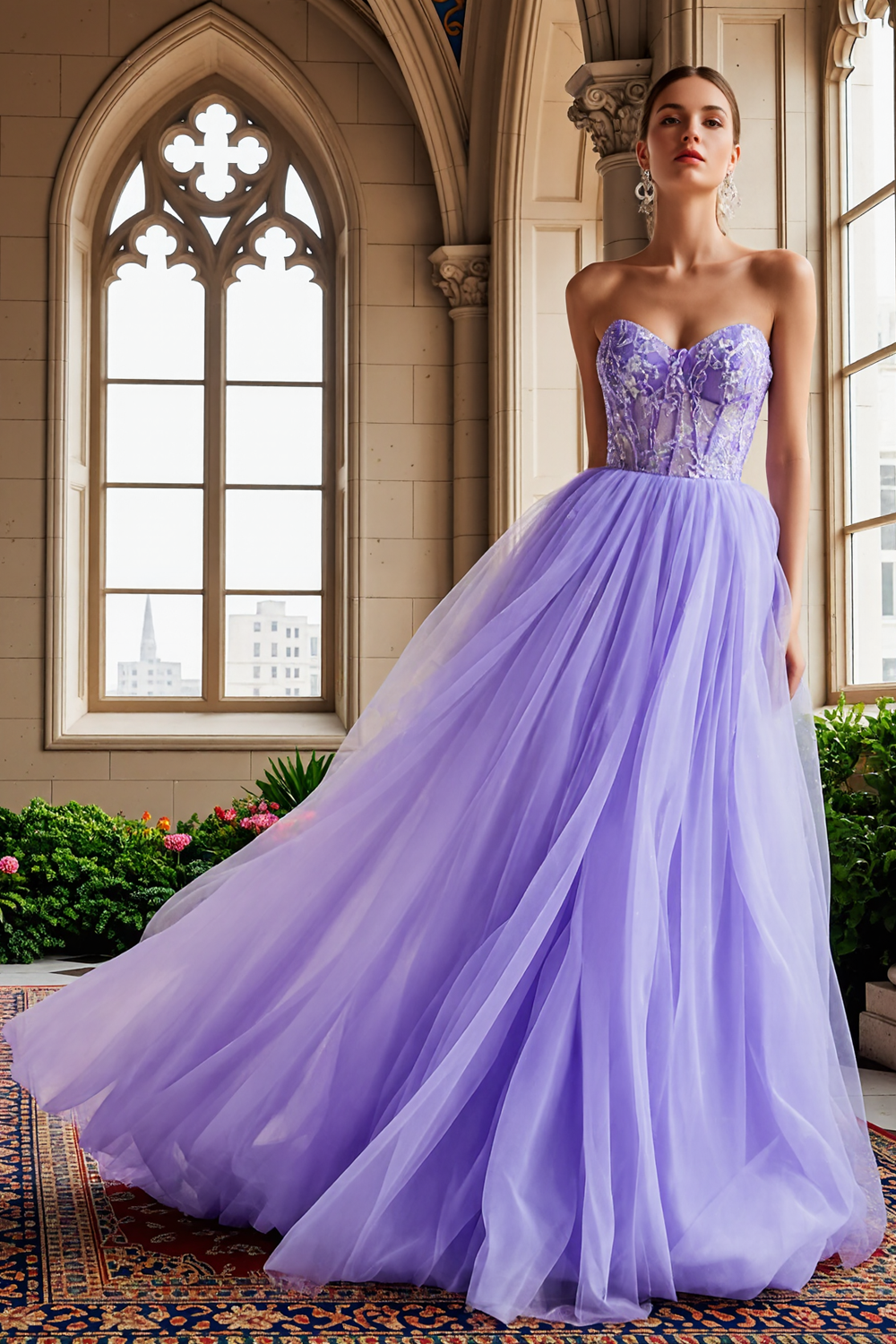 Lilac Tulle Strapless Appliqued Long Corset Prom Dress