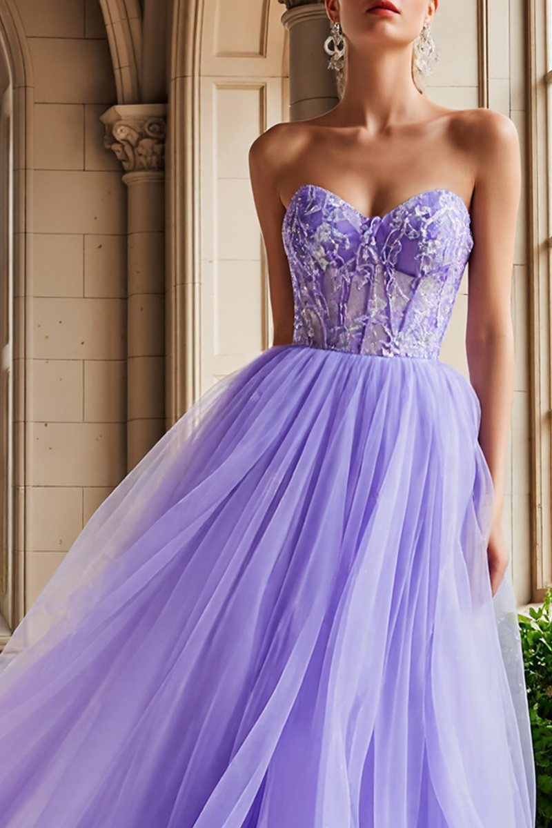 Load image into Gallery viewer, Lilac Tulle Strapless Appliqued Long Corset Prom Dress