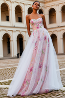 Load image into Gallery viewer, Sparkly Pink Beaded Strapless Floral Long Prom Dress