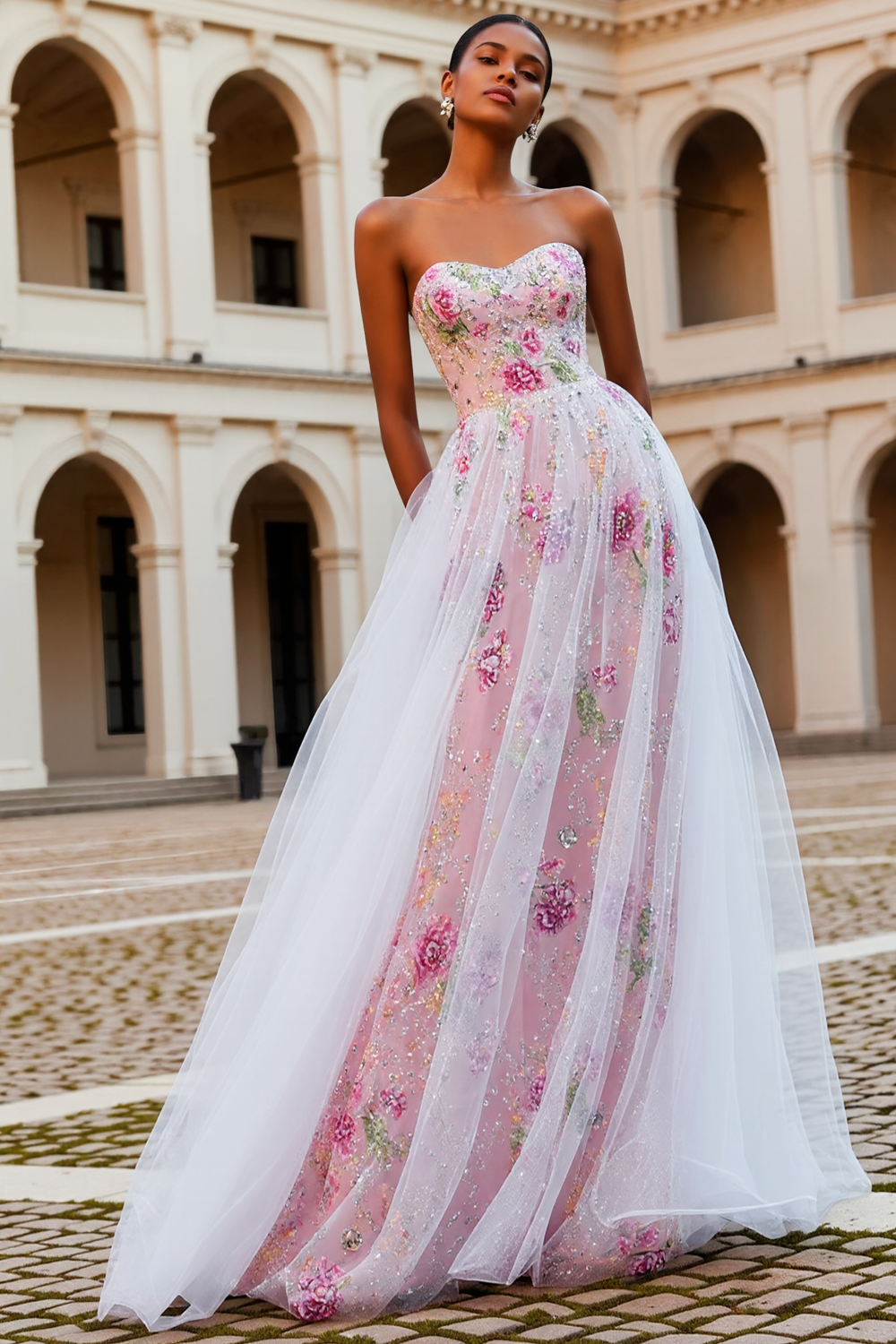 Sparkly Pink Beaded Strapless Floral Long Prom Dress