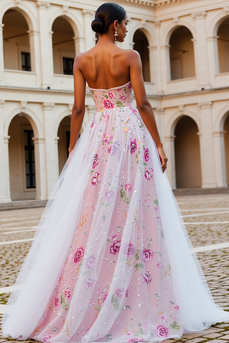Sparkly Pink Beaded Strapless Floral Long Prom Dress