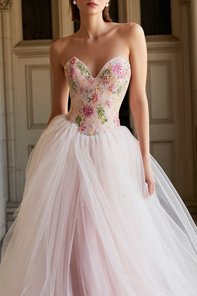 Load image into Gallery viewer, Sparkly Pink Floral Sweetheart Beaded Long Prom Dress