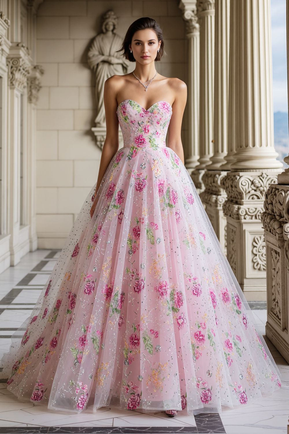 Sparkly Pink Floral Beaded A Line Sweetheart Long Prom Dress