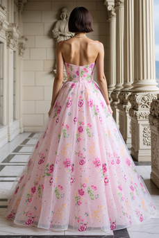 Sparkly Pink Floral Beaded A Line Sweetheart Long Prom Dress
