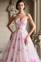 Load image into Gallery viewer, Sparkly Pink Floral Beaded A Line Sweetheart Long Prom Dress