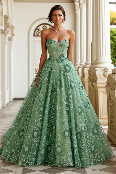 Green Sweetheart Floral Corset A Line Long Prom Dress