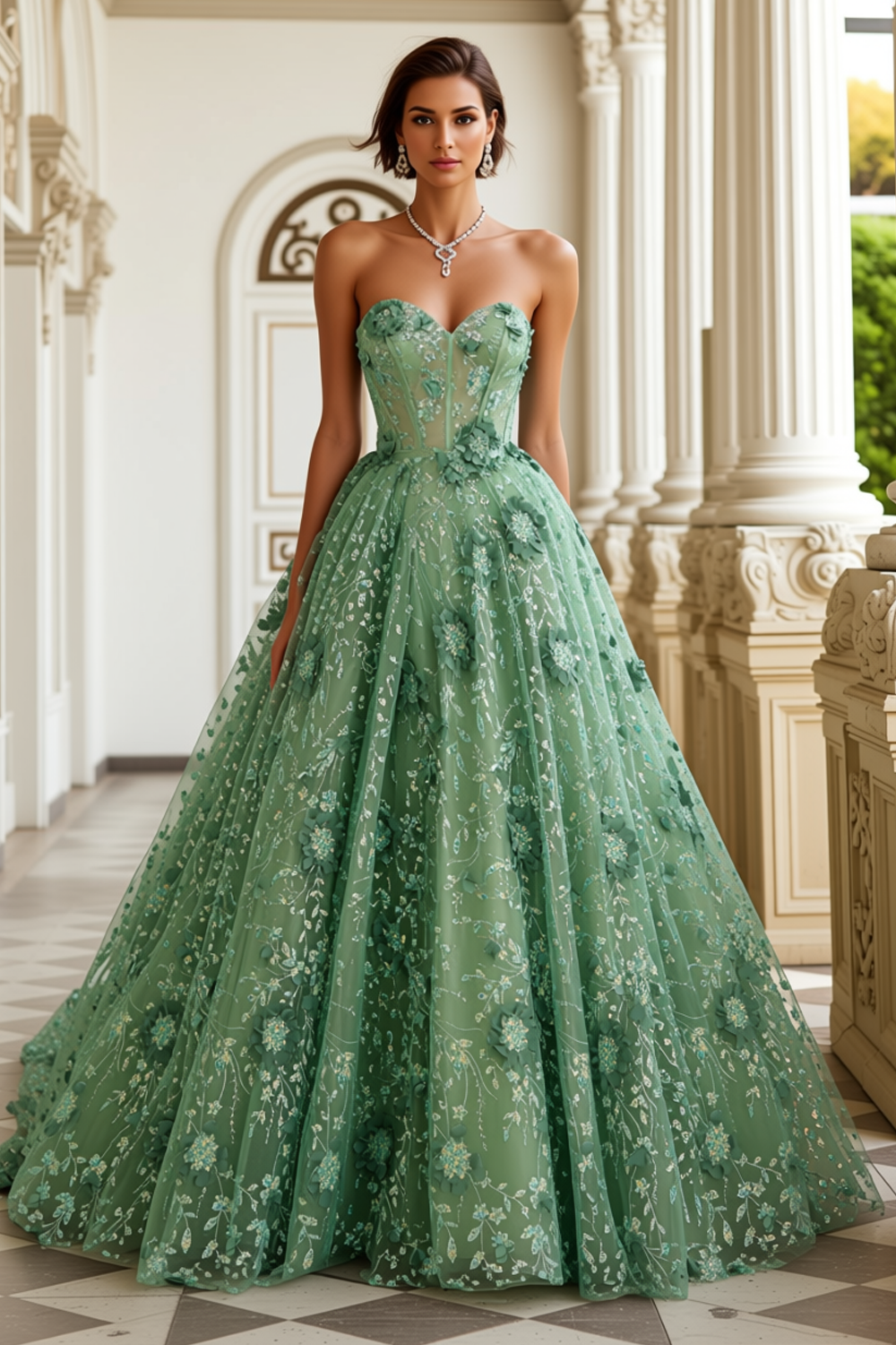 Green Sweetheart Floral Corset A Line Long Prom Dress