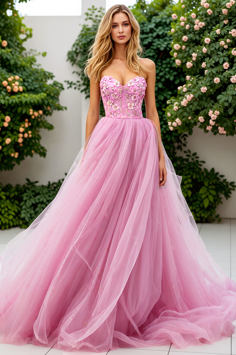 Pink Floral Tulle A Line Strapless Corset Long Prom Dress